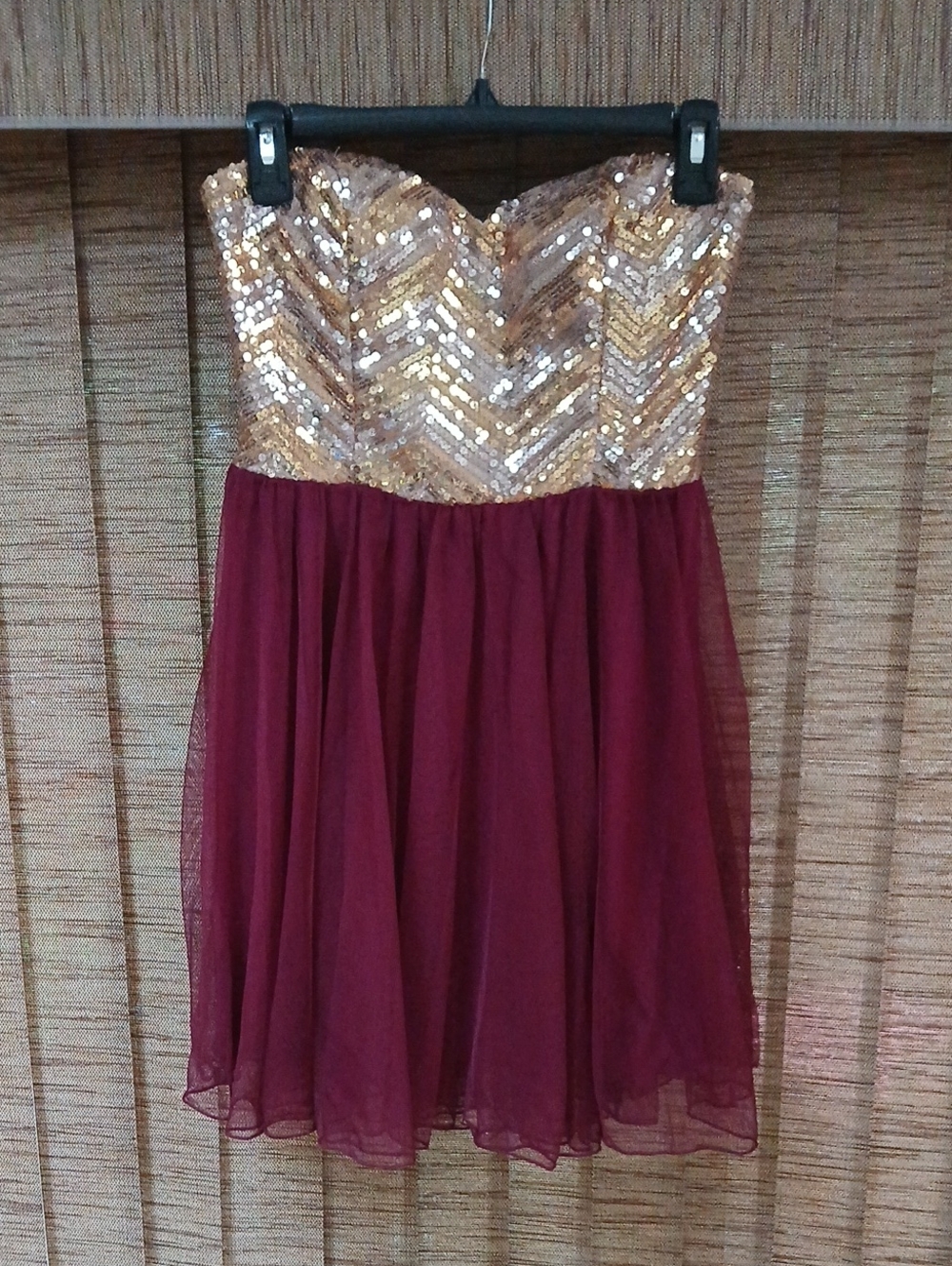 Deb Burgundy Strapless Dress with Gold Sequin Bodice